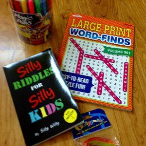 Set of Magic Pens, Large Print Crossword Puzzle, Book of Silly Riddles